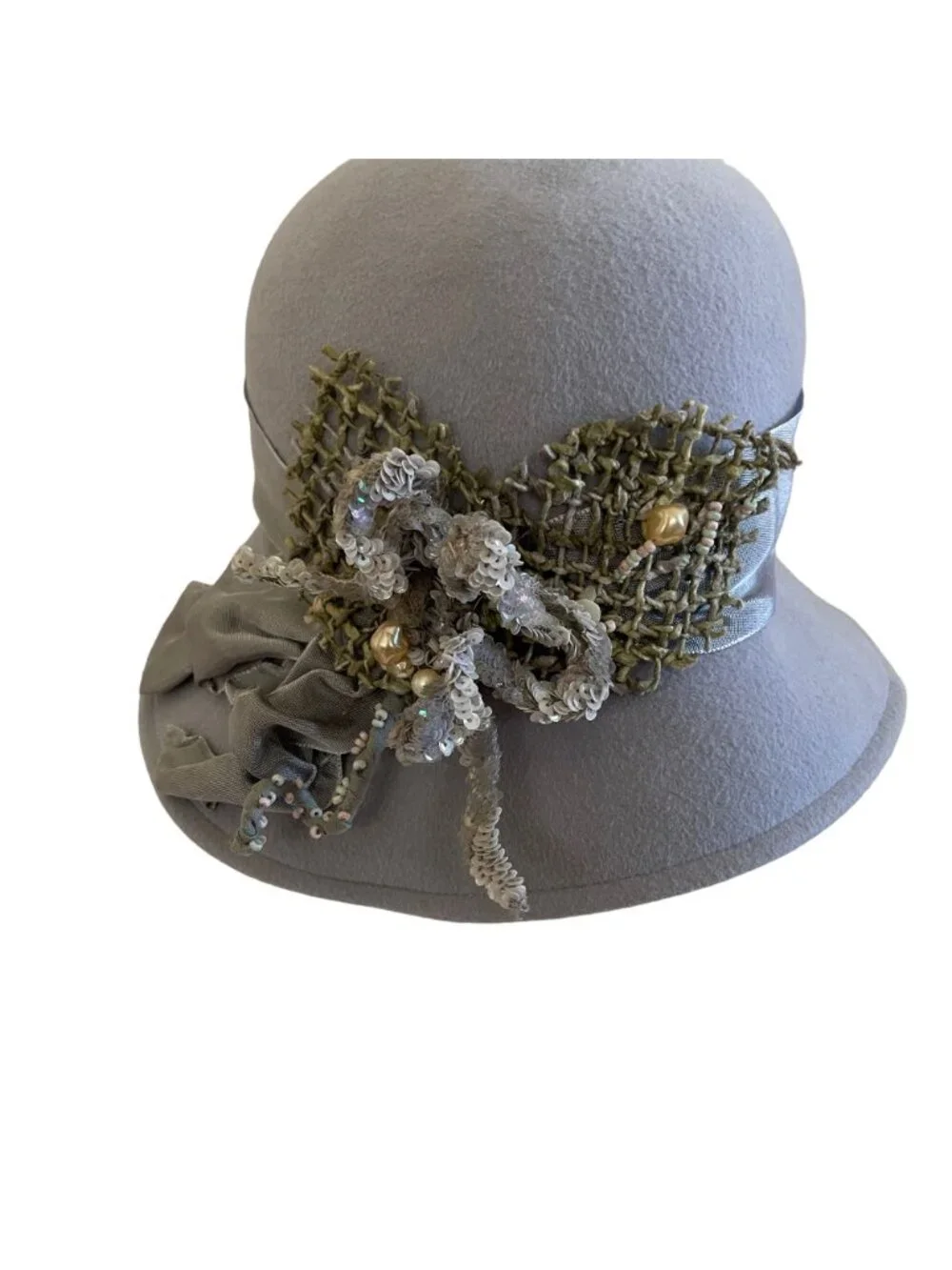 Louise Green Gray Wool Cloche Hat With Green Embellished Bow & Sequins
